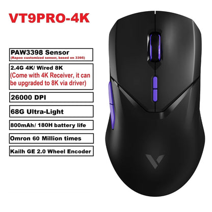 Ratón gaming inalámbrico Rapoo VT9PRO PAW3398 68g, con cable, programable, ergonómico, 26000DPI, recargable Type C, accesorio para PC gamer