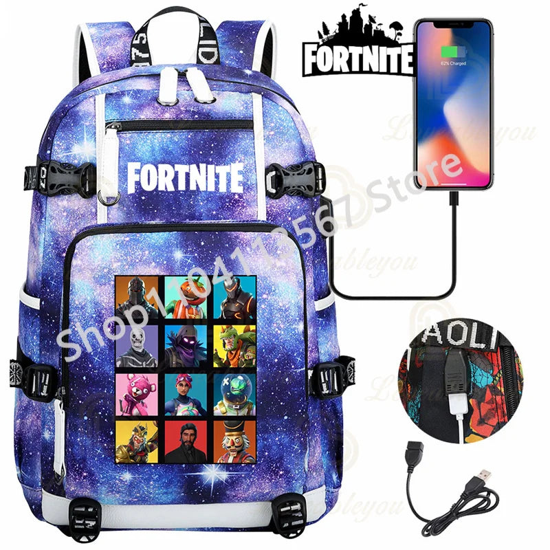 Red Jade F-Fortnited Battle Royale Backpack with USB Charging Anime Figures Study Stationery Compartment for Students Mochila