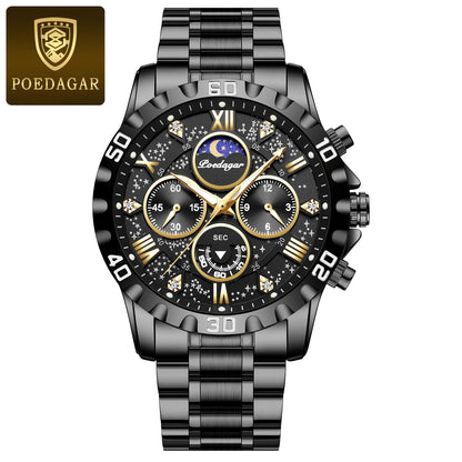 Montre pour homme POEDAGAR – Chronographe de luxe, étanche et luminescent, en acier inoxydable, style sportif et militaire, à mouvement à quartz