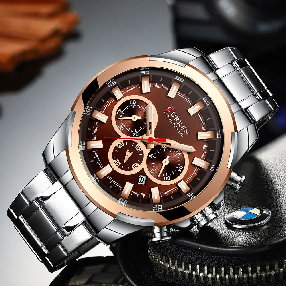 Montre chronographe pour homme CURREN, grand cadran de 48 mm, bracelet en acier inoxydable, trois sous-cadrans, montre-bracelet de sport à quartz, style luxueux