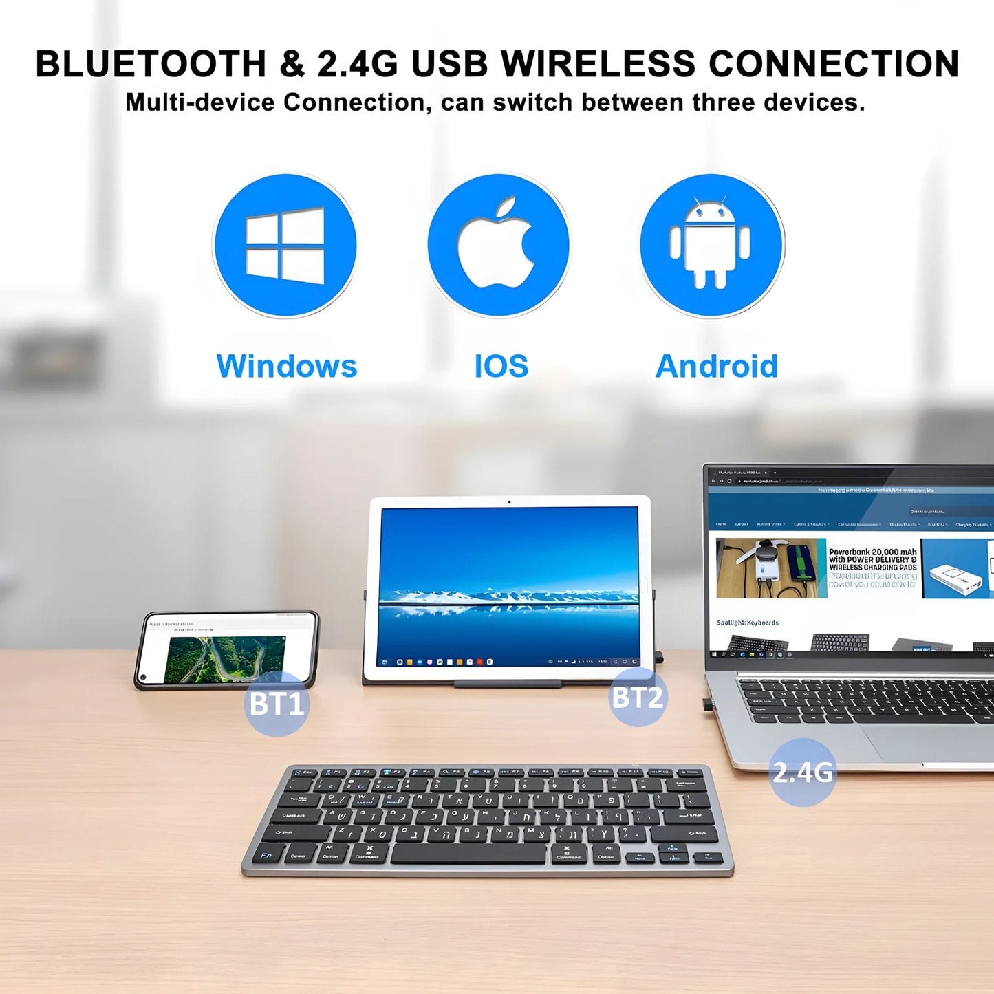 Hebrew English Layout Wireless Keyboard Bluetooth & 2.4G Dual Mode Keyboard Slim and Compact Ergonomic for Windows ios Android
