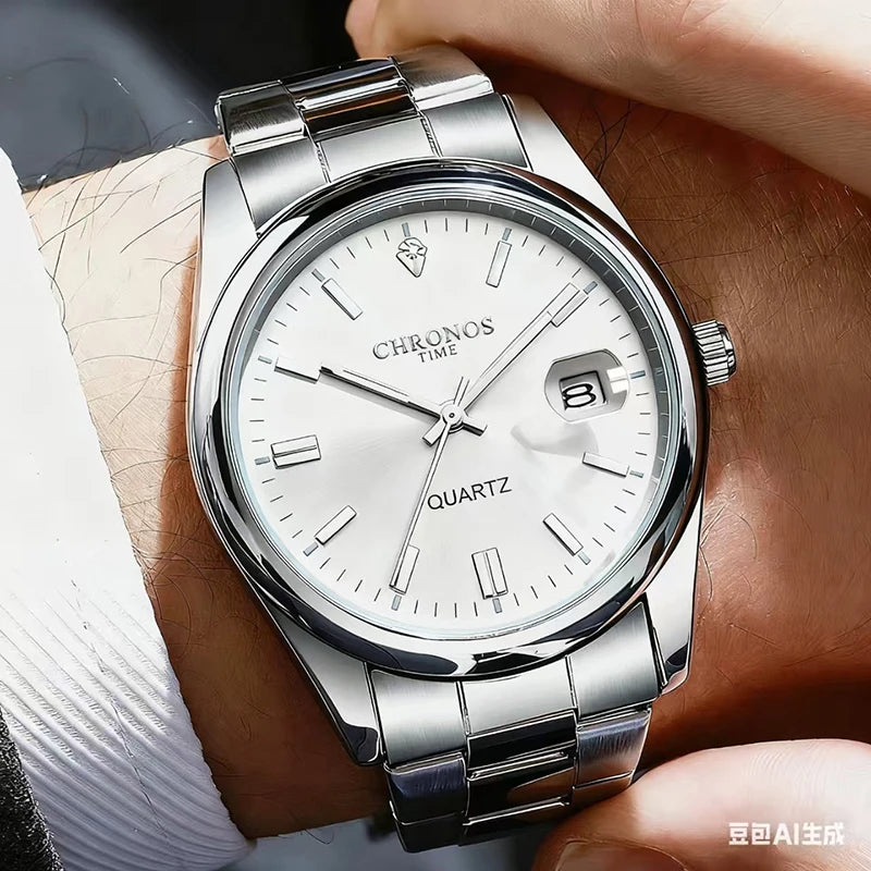 CHRONOS herenpolshorloge – Luxemerk, waterdicht, verlicht, met datumweergave, van roestvrij staal, met quartz-uurwerk.