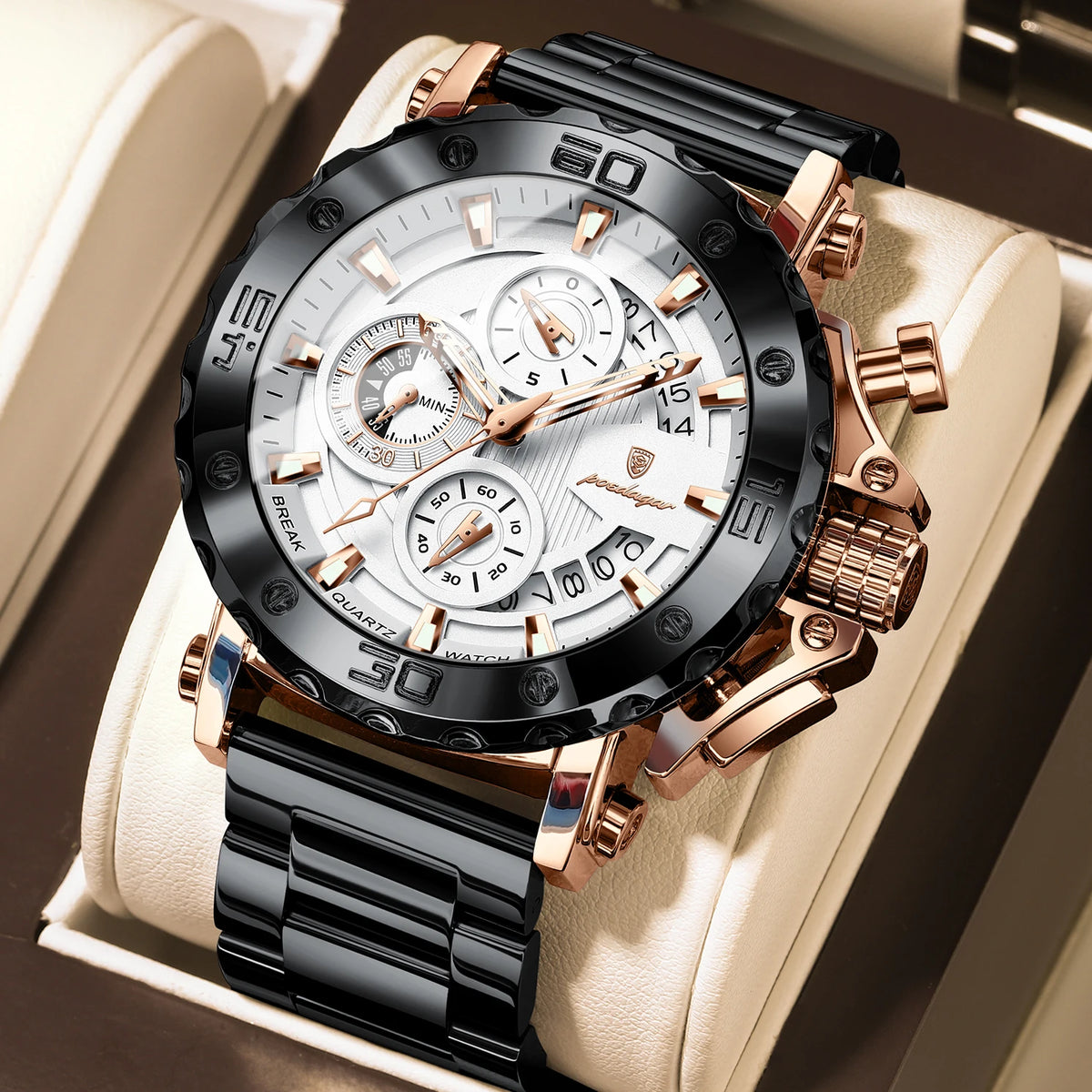 Luxusné pánske hodinky POEDAGAR, svietiace, vodotesné, chronograf, dátum, nerezová oceľ, quartz, Reloj