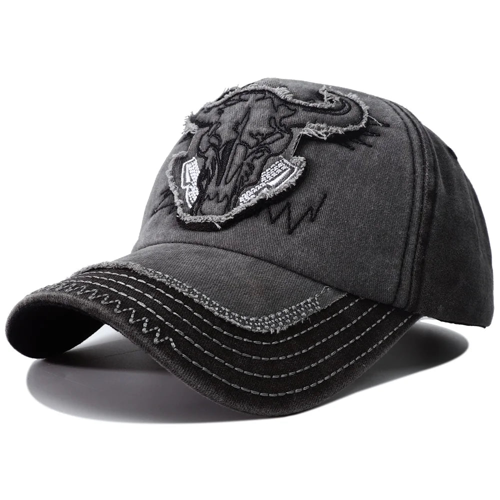 Hip Hop Vintage vasket denim baseballkasket til mænd med broderet tyrehoved, Y2K-snapback, dad hats til kvinder og mænd