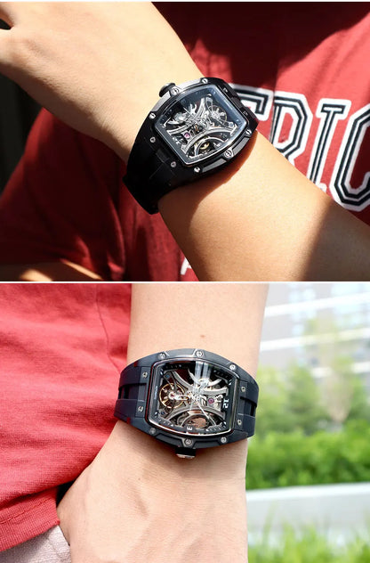 MEGIR Sports Style Automatic Mechanical Watch for Men Full Hollow Transparent Dial Design Stainless Steel Case Silicone Strap