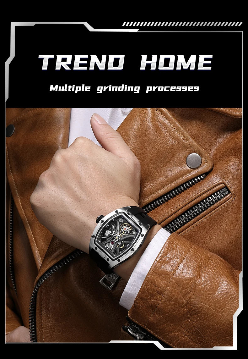 MEGIR Sports Style Automatic Mechanical Watch for Men Full Hollow Transparent Dial Design Stainless Steel Case Silicone Strap