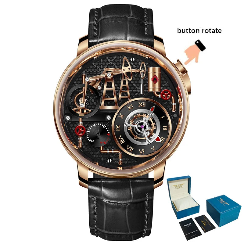Relógio de Quartzo PINDU NEW TOP com Bomba de Óleo por Botão, Relógio de Pulso Business para Homem, 45.5MM, Vidro de Safira, Impermeável, em Pele