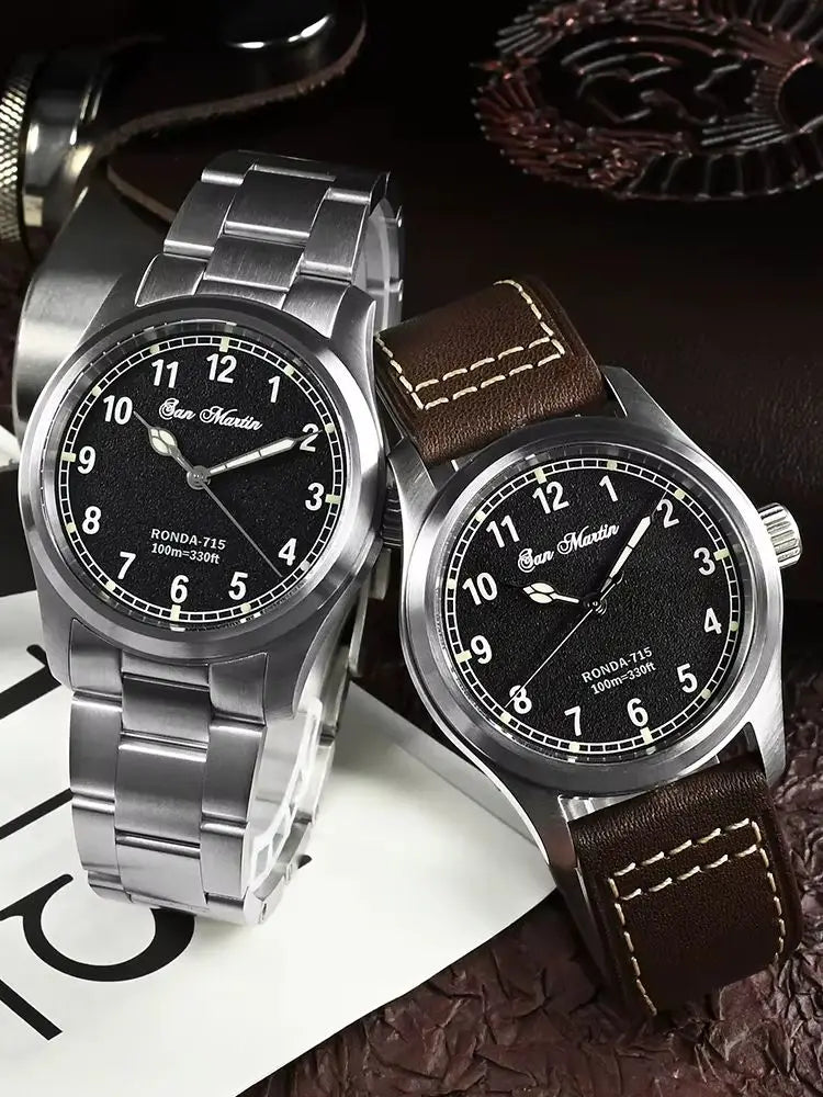 San Martin 37mm Ronda 715 Quartz Watch Men Simple Fashion 10Bar Waterproof Pilot Wristwatch BGW-9 Blue C3 Green Luminous SN0034A