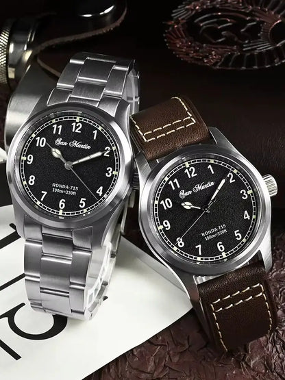 San Martin 37mm Ronda 715 Quartz Watch Men Simple Fashion 10Bar Waterproof Pilot Wristwatch BGW-9 Blue C3 Green Luminous SN0034A