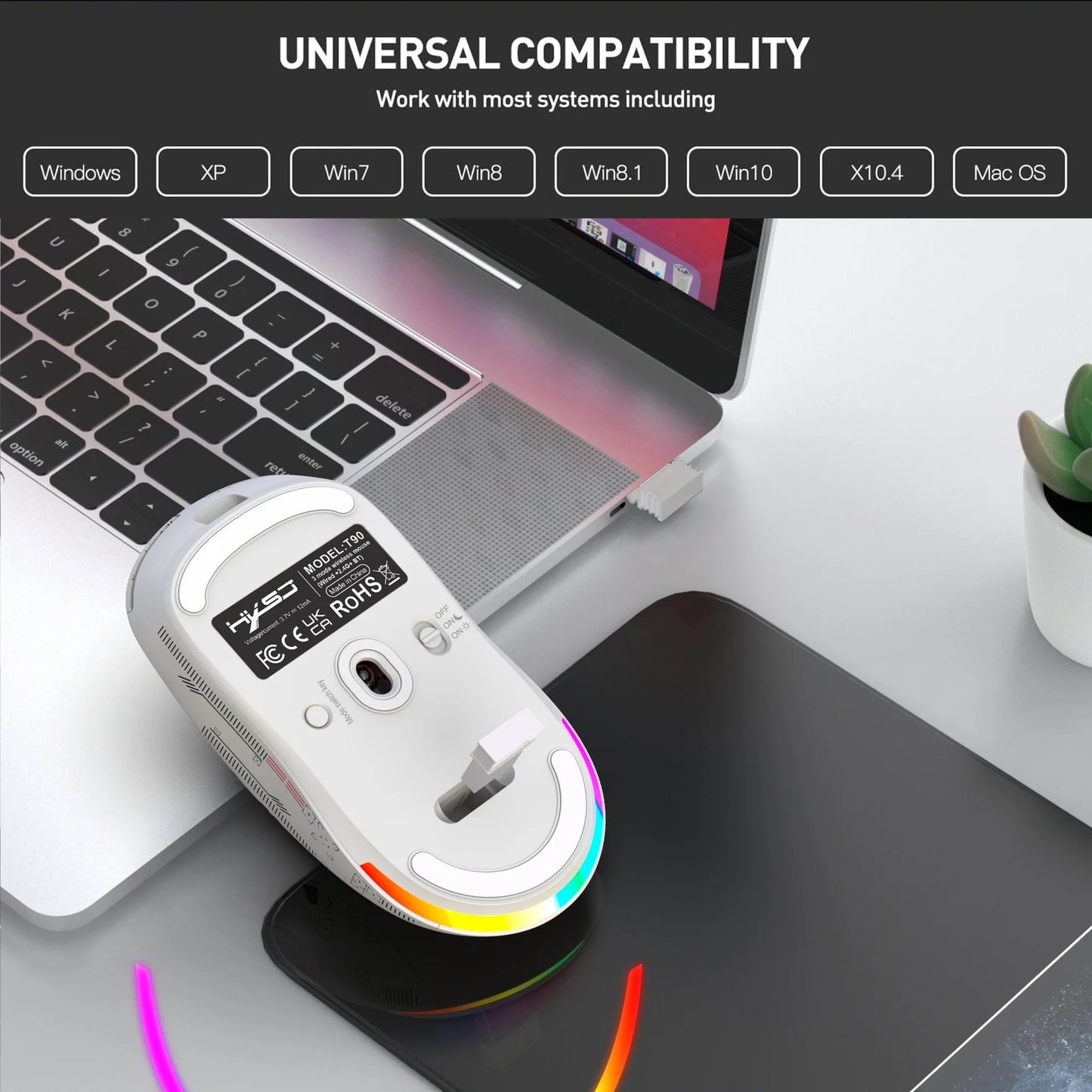 Ratón gaming Bluetooth recargable de 3 modos 2.4G USB inalámbrico con retroiluminación RGB para iPad, tablet, portátil y ordenador