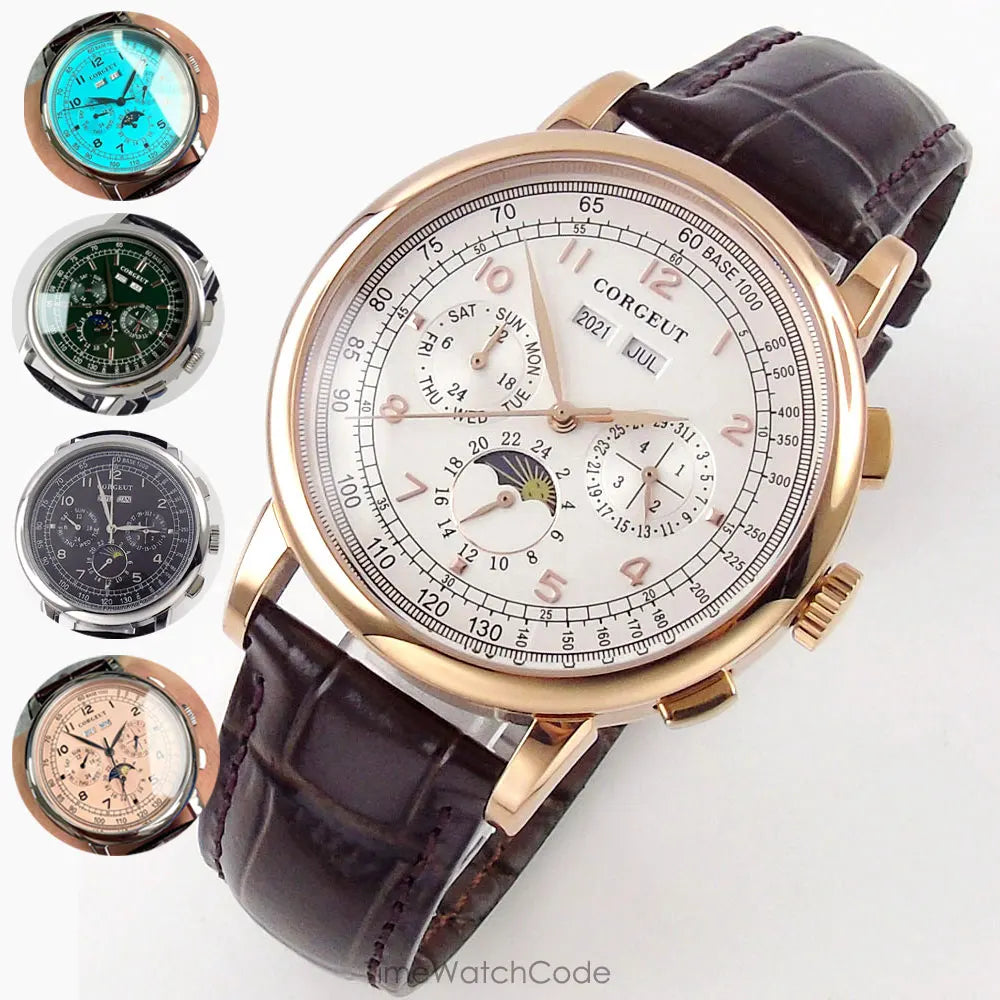 Corgeut Multi Functional Watch Automatic Mechanical Watch for Men 42mm Day Date Month Year Day/Night ST1655 Movt Polished Case