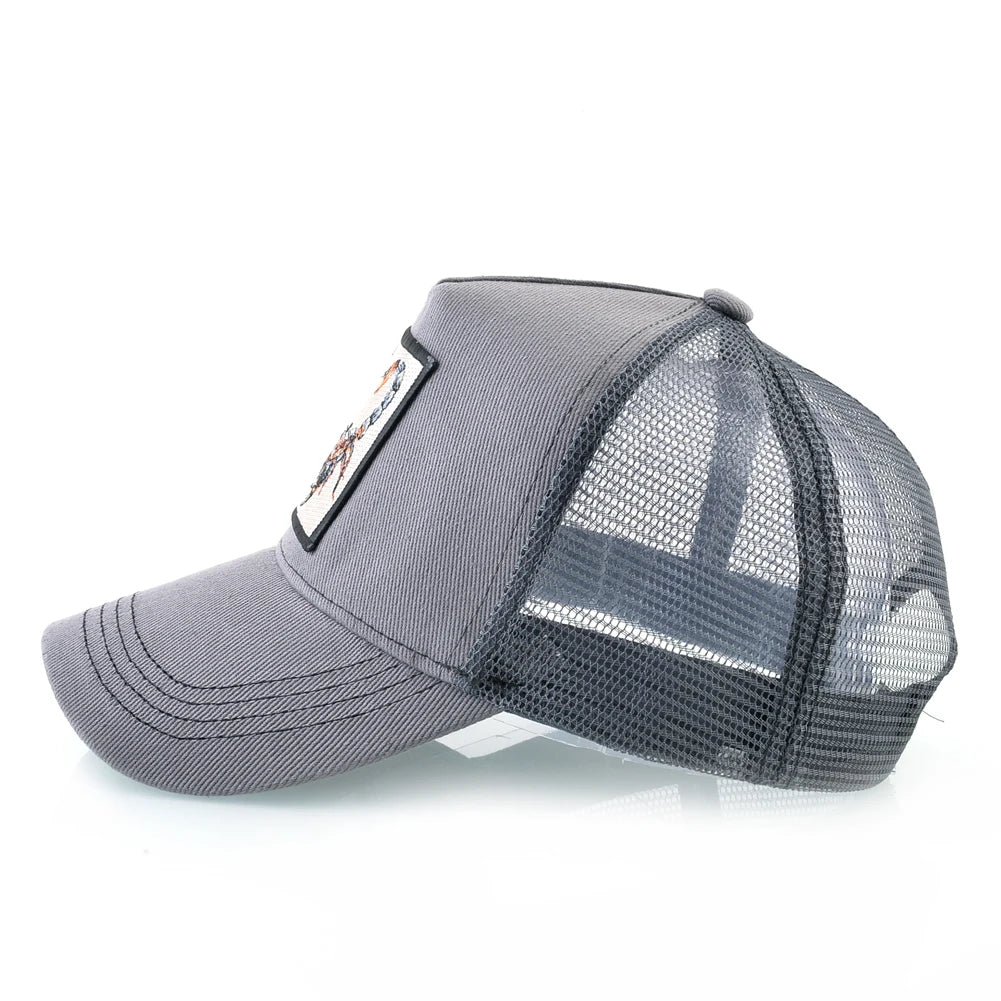 Unisex-trucker-lippalakki, jossa on brodeerattu skorpionimerkki. Miesten baseball-lippalakki, naisten snapback-lippalakki, hiphop-lippalakki, ulkoiluun sopiva hengittävä lippalakki