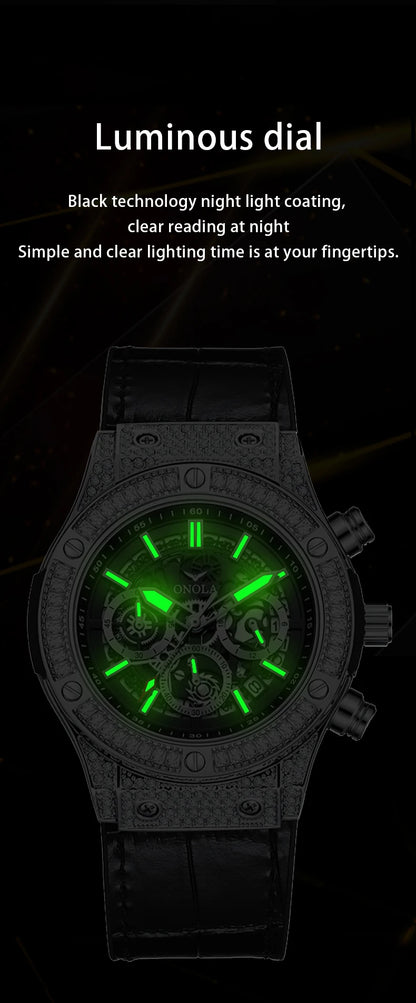 ONOLA Luxury Style Diamond Inlaid Men Quartz Watch Leather Strap Calendar Men Watch 30M Waterproof Men Clock
