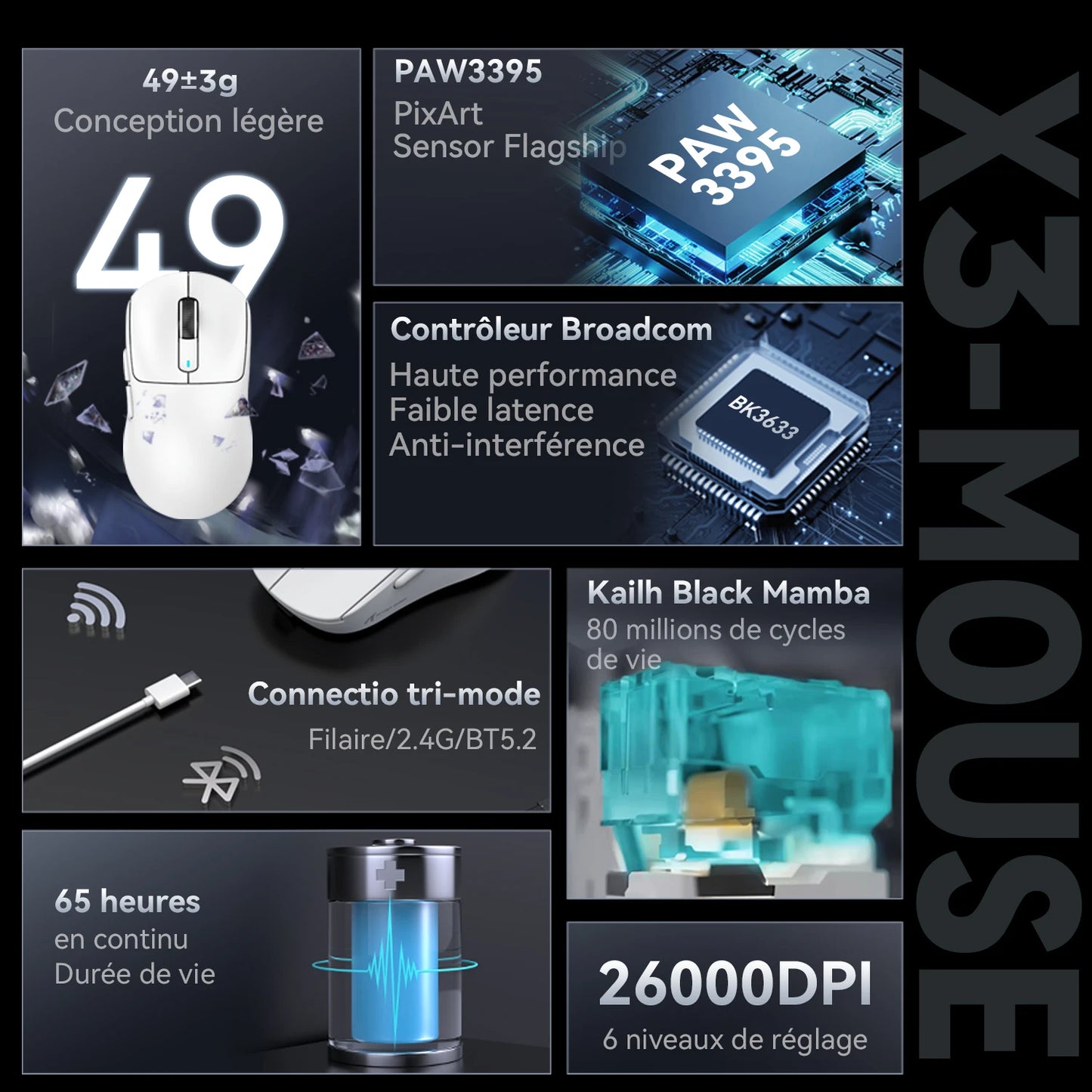 Atack Shark X3 PAW3395 Mouse Lightweight Wireless Gaming Mouse,Tri-Mode  Mouse,26K DPI PAW3395,PC/Laptop/Win/Mac