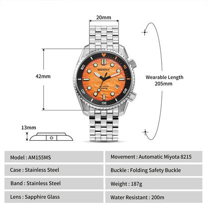 BERNY Diver Automatic Watches Men's Luxury Sapphire 316L Stainless Steel Mechanical Watch 42MM 200M Waterproof Diving Men's Watch