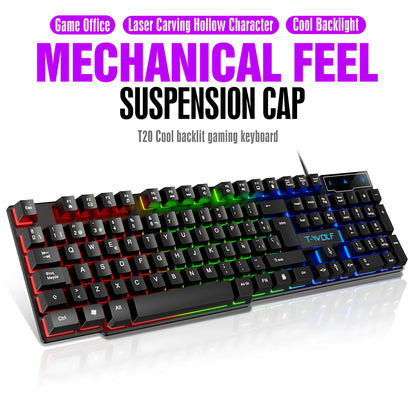 T20 Wired keyboard 104keys computer accessories game office RGB backlit mechanical feel Laser Carving Hollow character