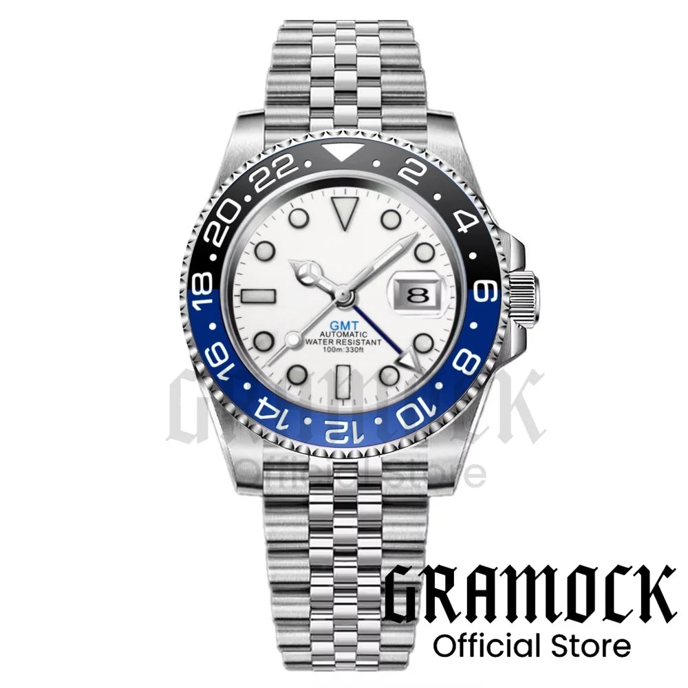 Gramock White Dial Blue GMT 40MM Watch For Men Roating Bezel Sapphire Glass Waterproof Reloj Hombre NH34A Mechanical Wristwatch