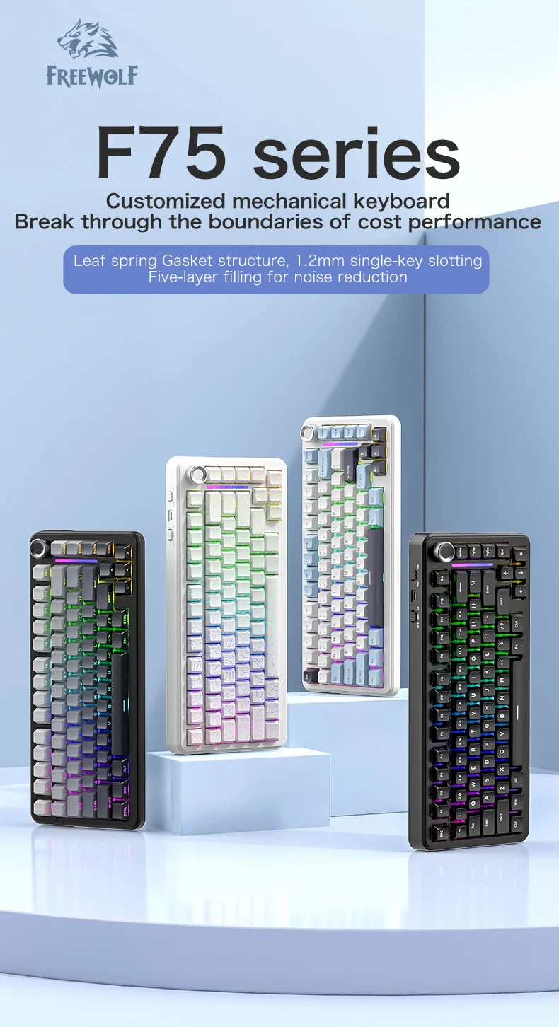 FREEWOLF F75 Gaming Mechanical Keyboard, 75% Tri-Mode Wireless Bluetooth, AULA F75 Same Model, RGB Hot Swappable PBT 4000mAh