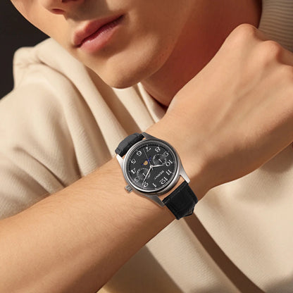 BERNY Watches for Men Moon Phase Quartz Men's Watch Day and Date Calendar Easy Read Vintage-Style Business Dress Wristwatch