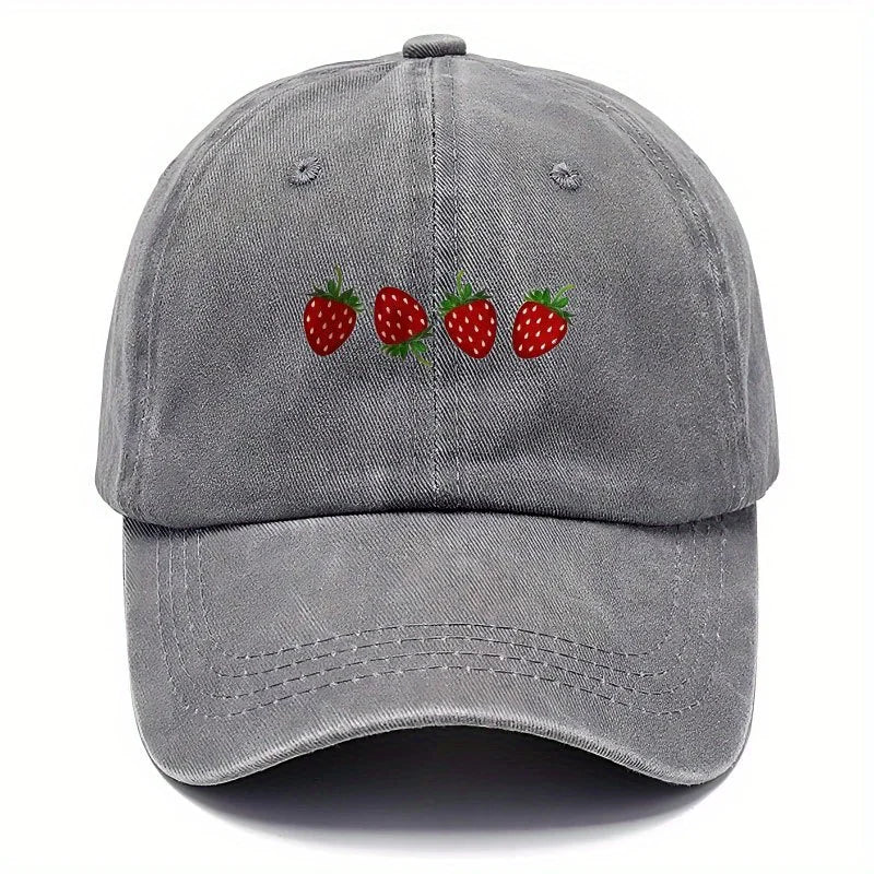 Casquette de baseball imprimée « fraises » avec visière réglable, casquette « duckbill » tendance pour hommes et femmes, design à visière souple
