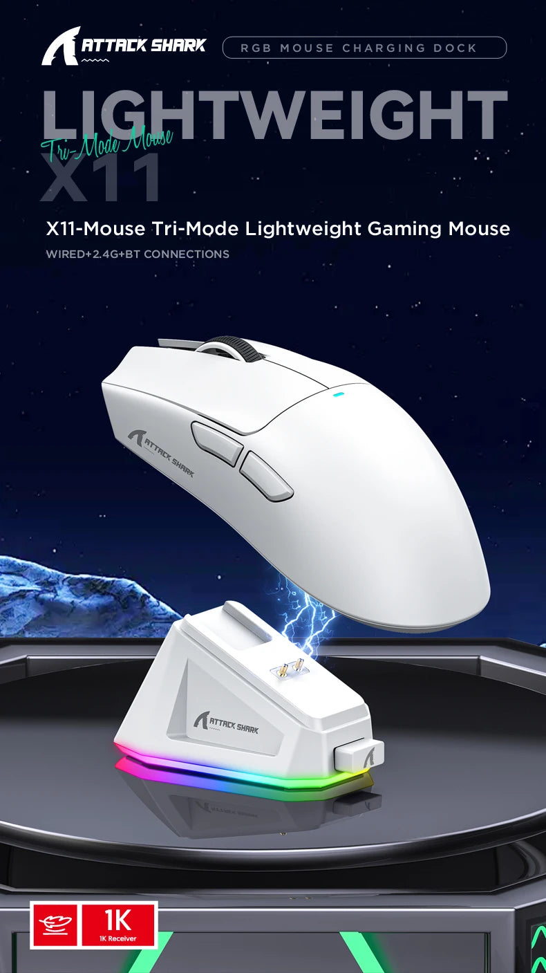 ATTACK SHARK X11 Tri-Mode Lightweight Gaming Mouse have PAW3311,22000DPI,400IPS,40G,59g,Magnetic Fast Charging,RGB backlight