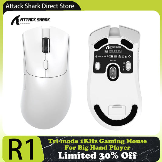ATTACK SHARK R1 tri-mode gamingmus, PixArt PAW3311-sensor, 18000 DPI, 1000hz, 59g ultralätt för stora händer, för PC/Mac
