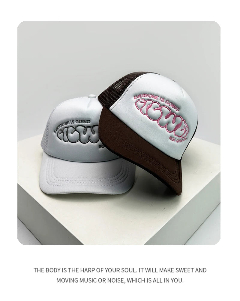 Cappelli da baseball unisex nuovi con color block, stampa lettering e ricamo, stile hip hop, rete traspirante, visiera parasole, trucker street versatili