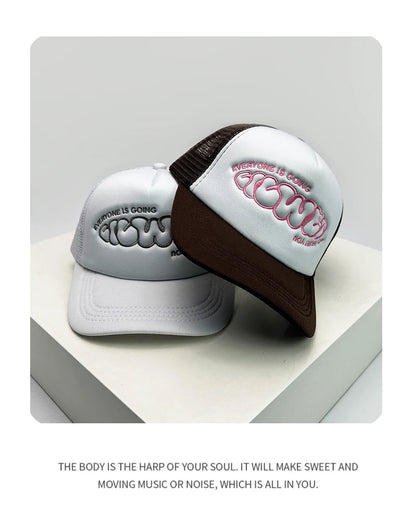 Cappelli da baseball unisex nuovi con color block, stampa lettering e ricamo, stile hip hop, rete traspirante, visiera parasole, trucker street versatili