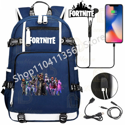 Red Jade F-Fortnited Battle Royale Backpack with USB Charging Anime Figures Study Stationery Compartment for Students Mochila