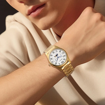 BERNY Watches for Men Moon Phase Quartz Men's Watch Day and Date Calendar Easy Read Vintage-Style Business Dress Wristwatch