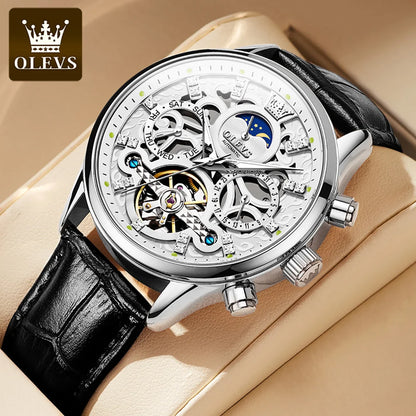 OLEVS 6658 Automatic Mechanical Watch for Man Leather Strap Waterproof Moon Phase Business Dress Men's Watches