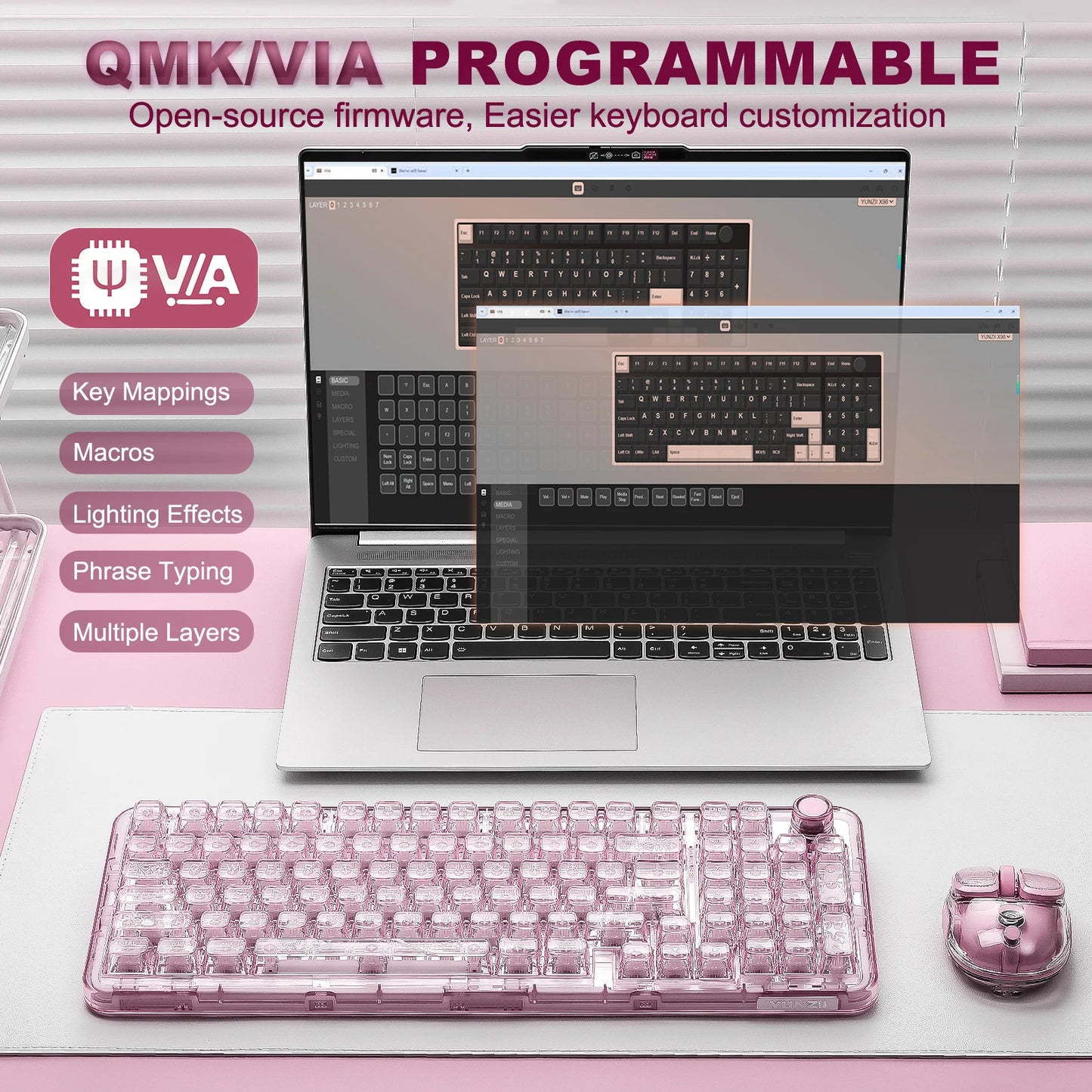 YUNZII X98 Pink QMK/VIA Wireless Transparent RGB Keyboard, Hot-Swap Gasket Mechanical Gaming Keyboard, Pre-lubed Knob Keyboard