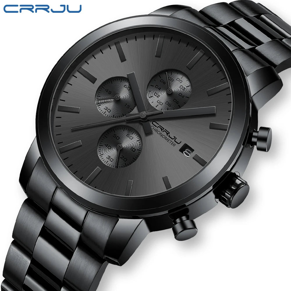 Montre pour homme CRRJU – Chronographe en acier inoxydable, étanche, avec affichage de la date, mouvement à quartz analogique, style élégant et professionnel