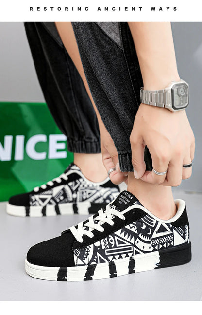 YRZL Scarpe sportive da running da uomo in tela con stile geometrico, sneakers stringate, scarpe da skate da uomo alla moda per coppie con stampa graffiti