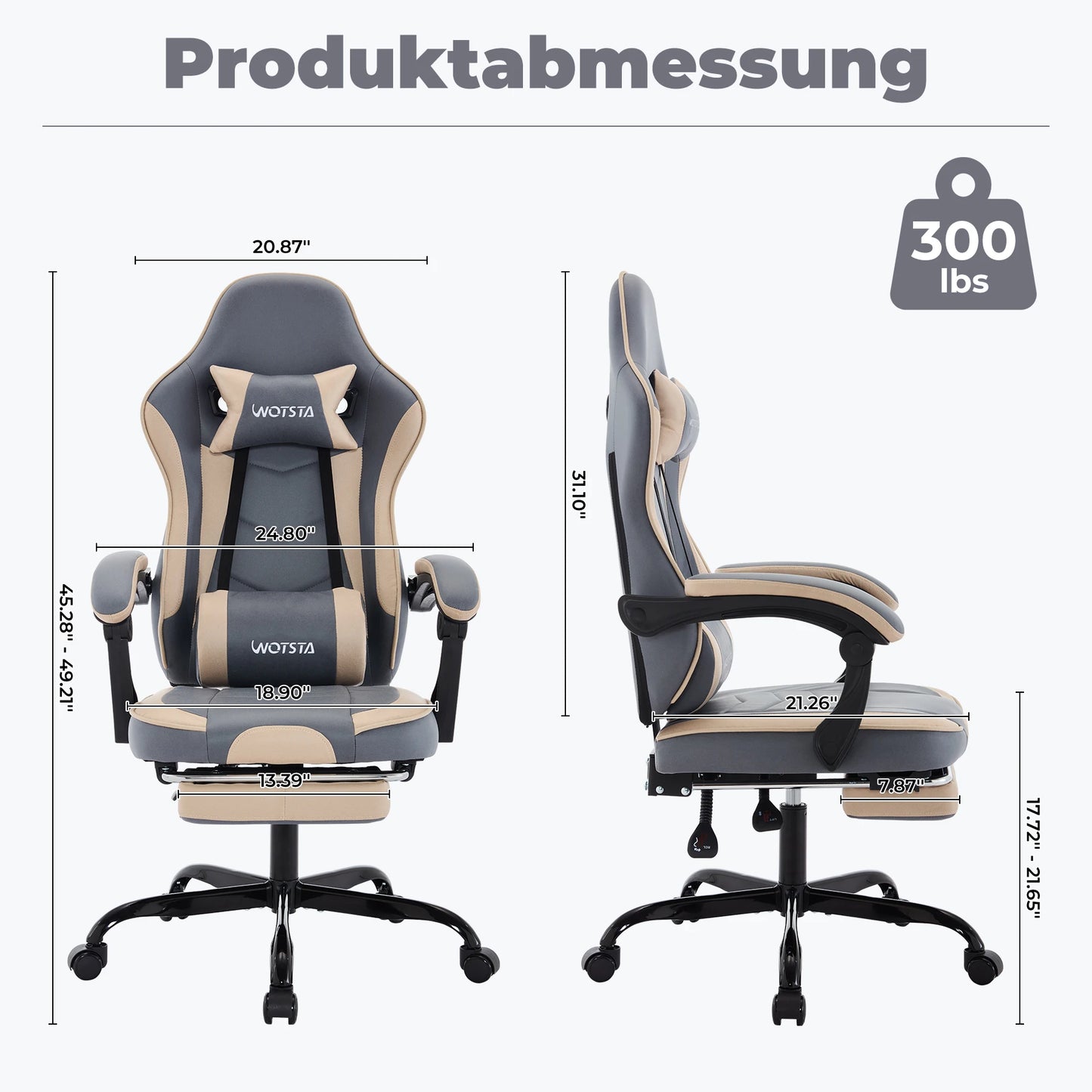 Cadeira Gaming WOTSTA com Apoio para Pés, Cadeira Gamer Ergonómica com Almofada Lombar, Apoio de Cabeça e Altura Ajustável para Computador