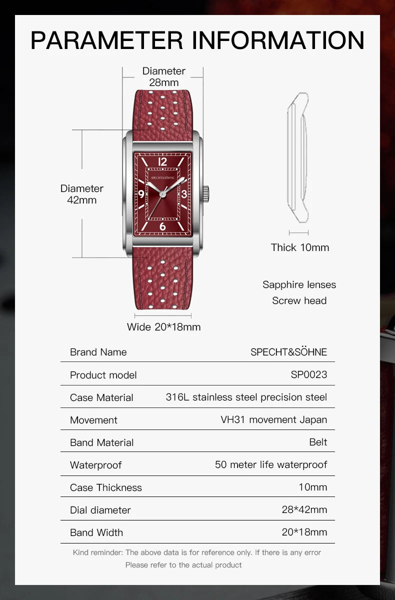 Specht & Söhne Neue modische 28MM quadratische Uhr für Herren, VH31-Uhrwerk, Sportuhr, blau, Edelstahl, Saphirglas, wasserdicht