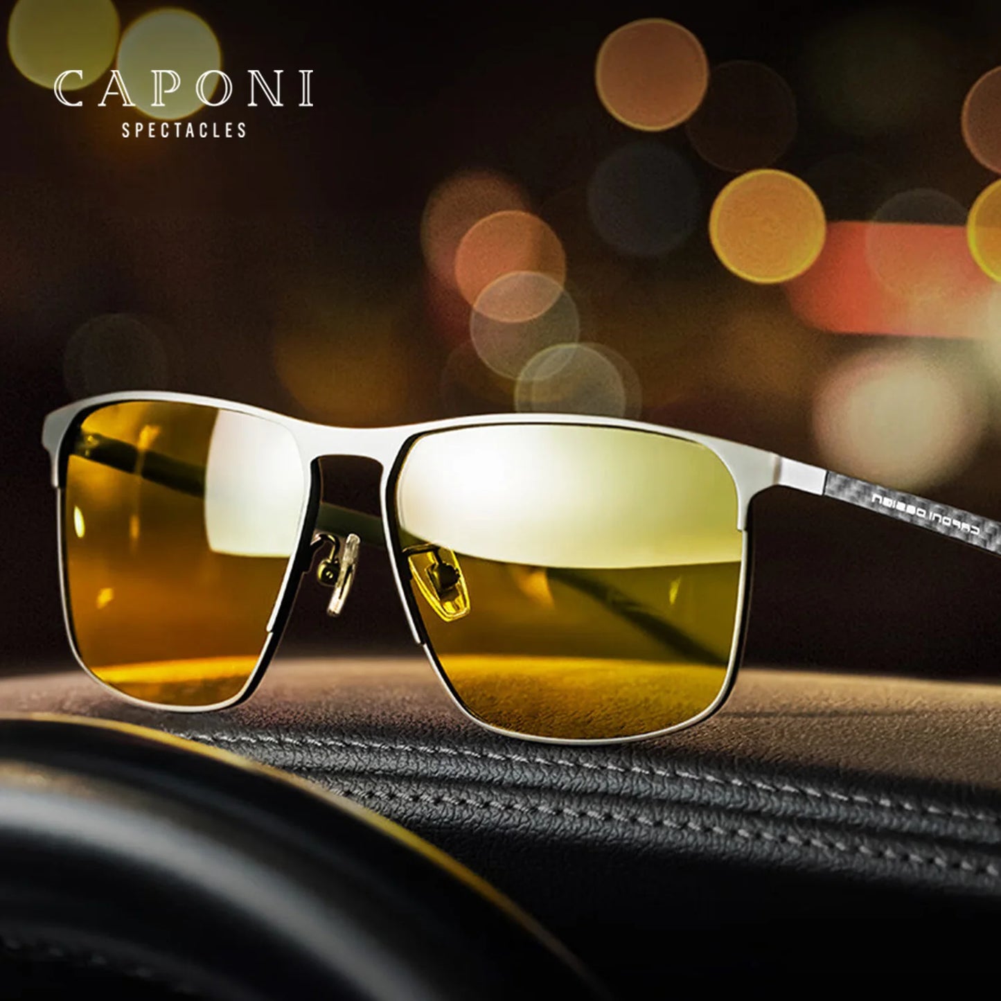 CAPONI Top Quality Night Vision Sunglasses For Men Women Carbon Fiber Frame Square Glasses UV400 lenses Goggles BSYS28964