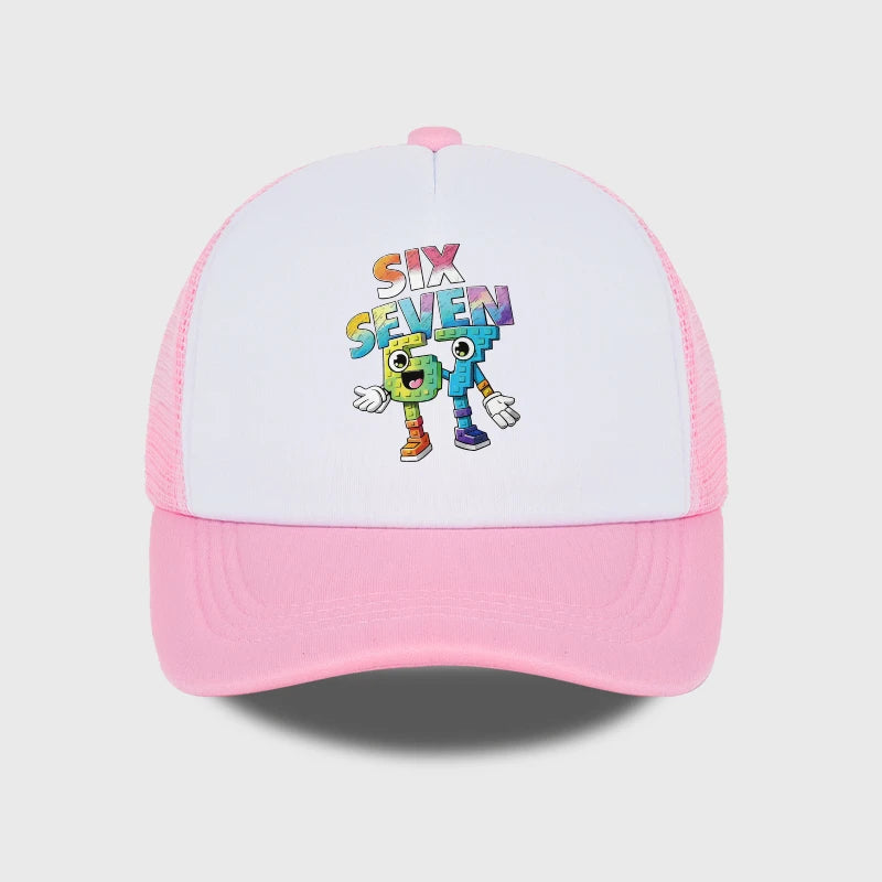 Six Seven Cartoon Number Print Sponge Mesh Cap – Unisex Colorful Building Block Mesh Baseball Cap – Adjustable, Breathable Sun H