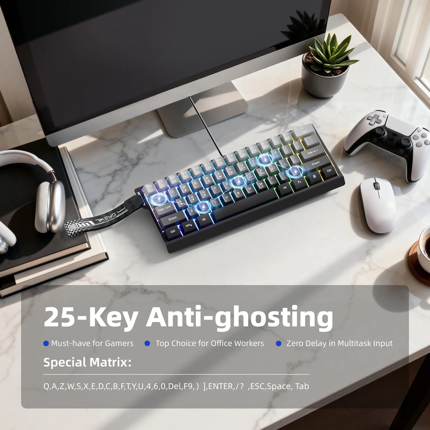 7KEYS 60% Compact Wired Keyboard with RGB Backlighting, Gradient Keycaps, USB Gaming Keyboard for Windows PC, Laptop & Tablet
