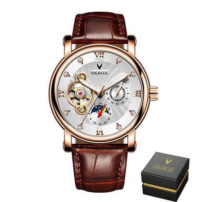 Montre mécanique automatique de luxe pour homme, signée par une grande marque, dotée d'un tourbillon, d'une phase de lune et de diamants – une montre-bracelet élégante.