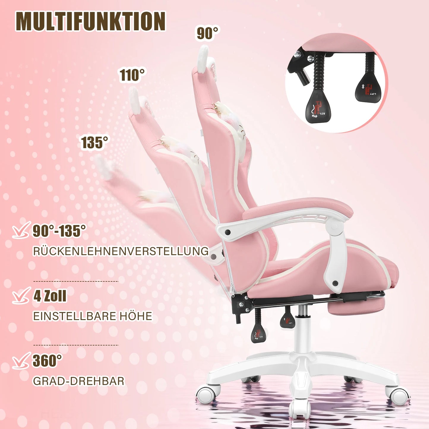 Cat Ear Gaming Chair with Footrest, Ergonomic Computer Gaming Chair with Lumbar Support, Adjustable Height 360° Swivel Racing Chair