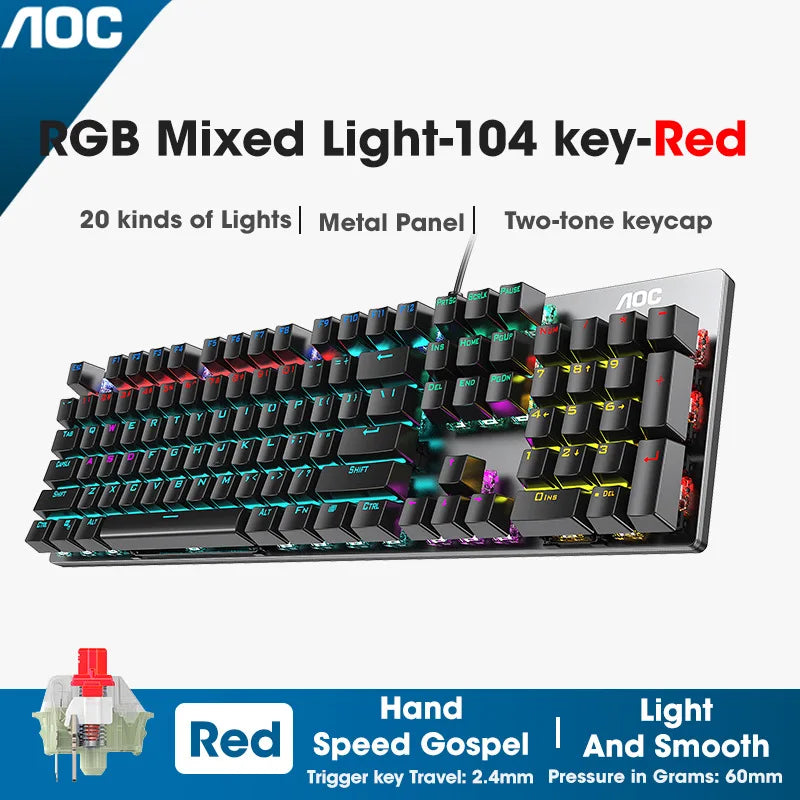 GK410 104 Keys Metal Panel Mechanical Keyboard RGB Light Green Black Tea Axis Esports Full Non-Impact Game Computer Keyboard