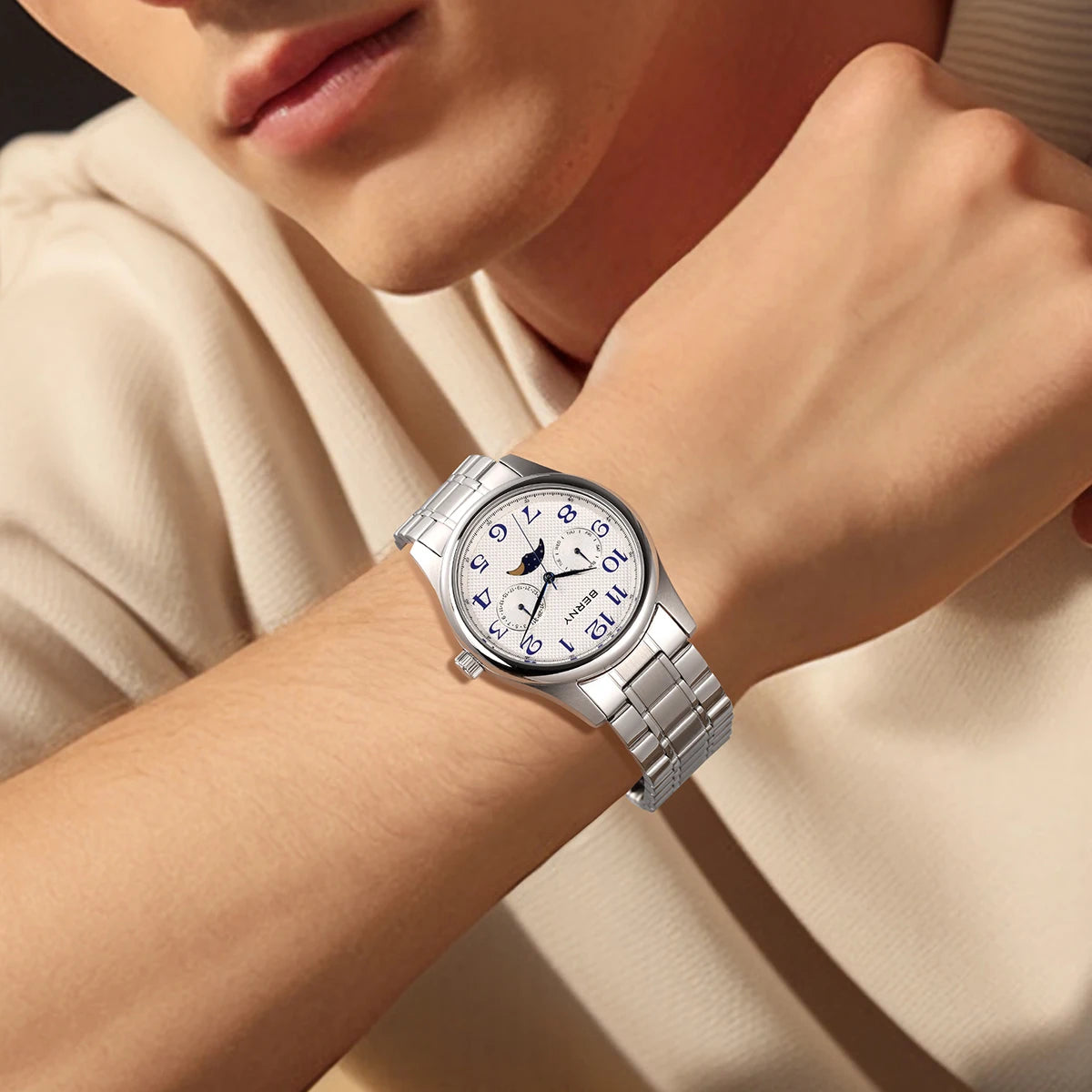 BERNY Watches for Men Moon Phase Quartz Men's Watch Day and Date Calendar Easy Read Vintage-Style Business Dress Wristwatch