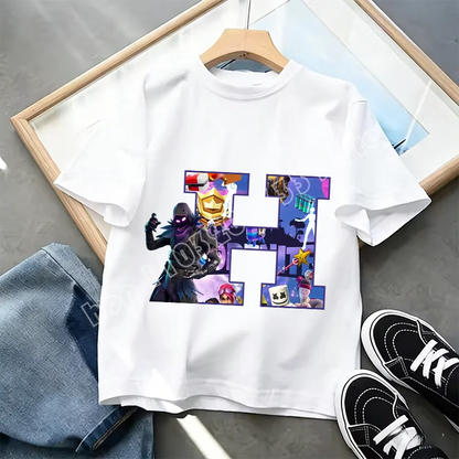 Μπλουζάκι Fortnite με στάμπα αλφαβήτου A-Z για παιδιά, καλοκαιρινό, λευκό, δημοφιλές cartoon game, casual κοντομάνικο τοπ μόδας, ιδανικό για δώρο