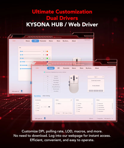 Mysz gamingowa KYSONA Jupiter Series – przewodowa i bezprzewodowa, 8Khz, sensor PAW3950, Bluetooth, 46g, akumulatorowa, sterownik webowy do PC i laptopa