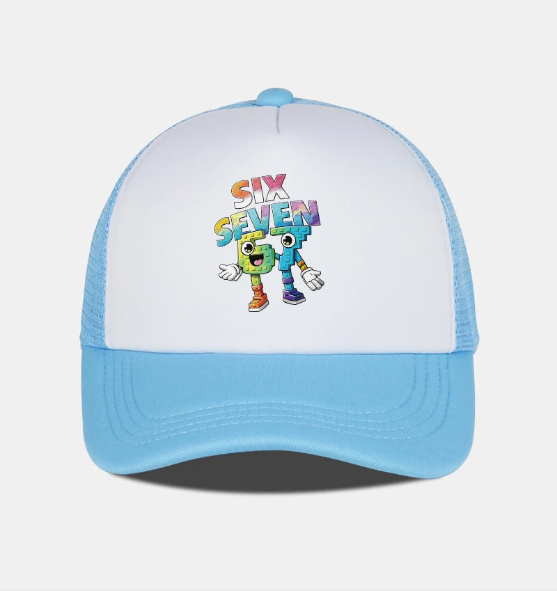 Six Seven Cartoon Number Print Sponge Mesh Cap – Unisex Colorful Building Block Mesh Baseball Cap – Adjustable, Breathable Sun H