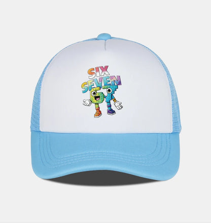 Six Seven Cartoon Number Print Sponge Mesh Cap – Unisex Colorful Building Block Mesh Baseball Cap – Adjustable, Breathable Sun H