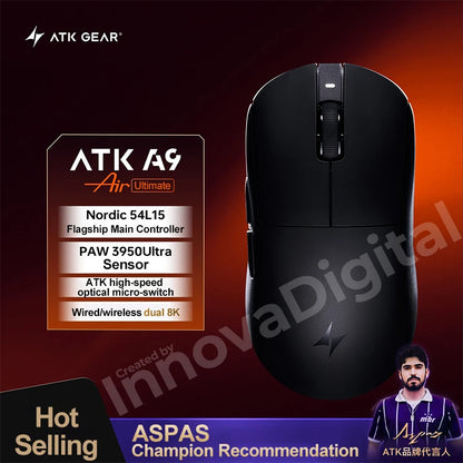 Безжична геймърска мишка ATK Dragonfly A9 Ultimate A9 Air PAW3950, ултралека ергономична e-sports мишка за FPS геймъри, CSGO A9 Ultra