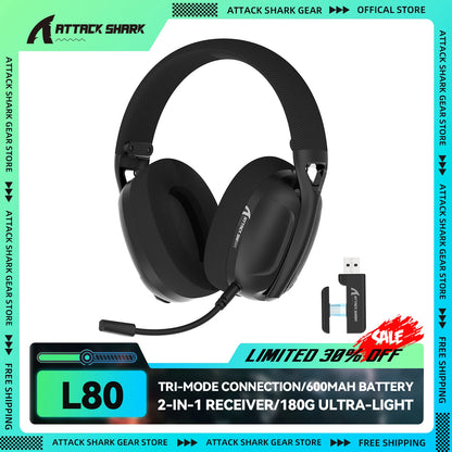 Headset Gaming ATTACK SHARK L80 Ultra-Leve 180g – Sem Fios Tri-Mode (Bluetooth 5.3 / 2.4G / Com Fio), Som Surround 5.1, Drivers de 40mm, Microfone Removível