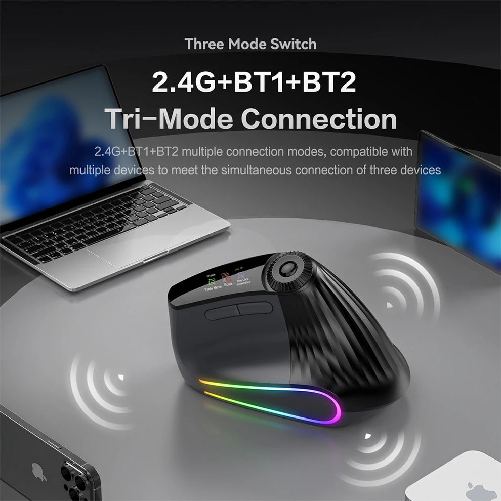 Backlit Wireless Ergonomic Mouse with Smart Flying Scroll, Function Adjustment Knob, Bluetooth & 2.4G Rechargeable Gaming Mouse
